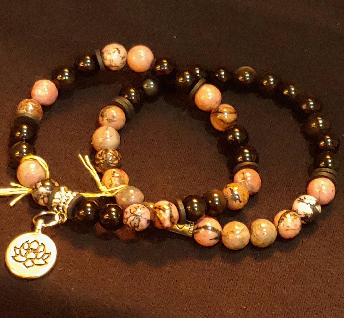 GEMSTONE FORGIVENESS Intention genuine healing bracelet SET with Rhodanite & Black Obsidian, 8mm beads, gold spacers/Lotus-20 dollars each