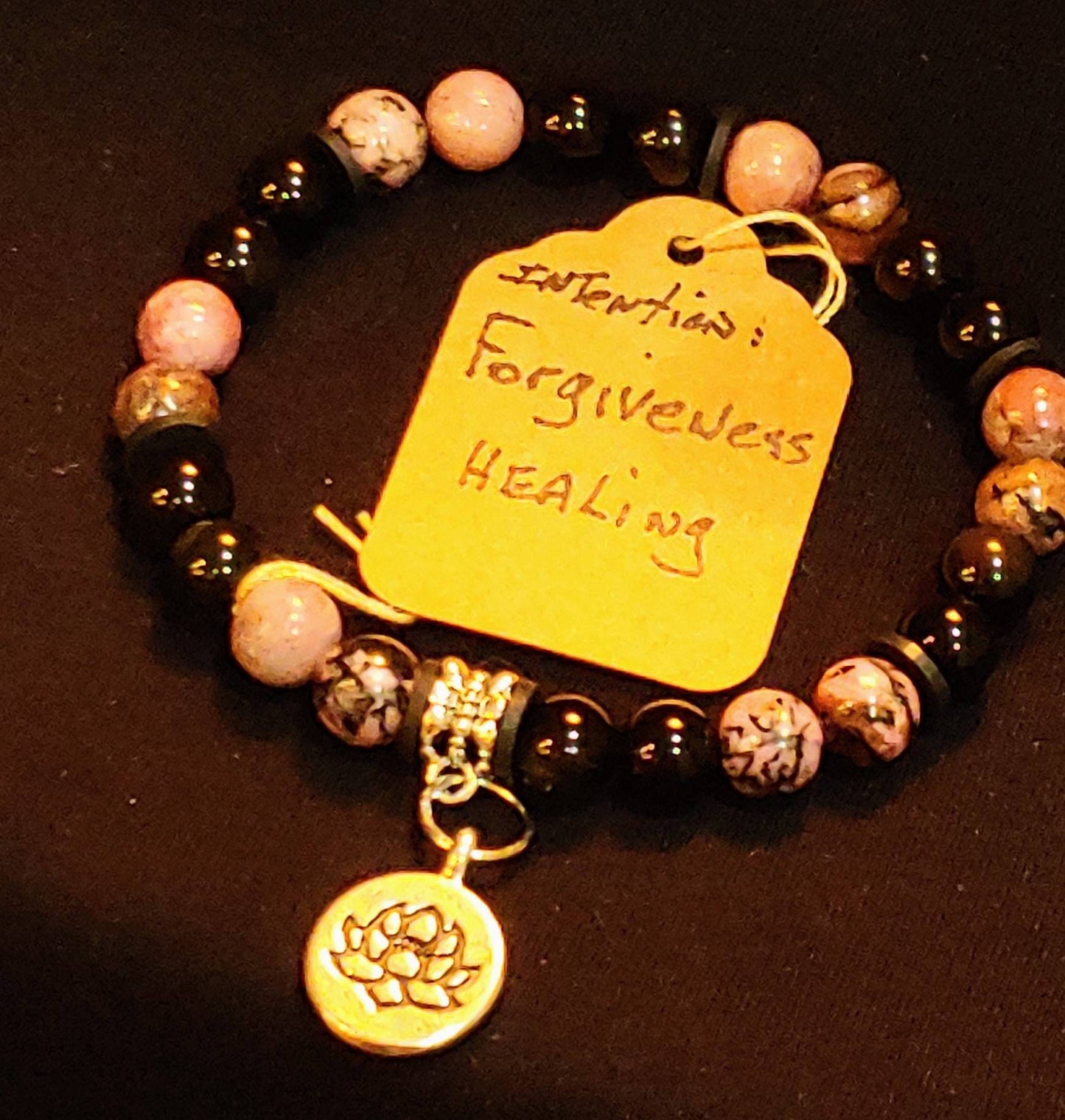 GEMSTONE FORGIVENESS Intention genuine healing bracelet SET with Rhodanite & Black Obsidian, 8mm beads, gold spacers/Lotus-20 dollars each