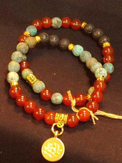 GEMSTONE JOY Intention genuine healing  bracelet SET-African Turquoise & Orange Carnelian gold spacers, Lotus charm-8 mm bds, 20 dollars each