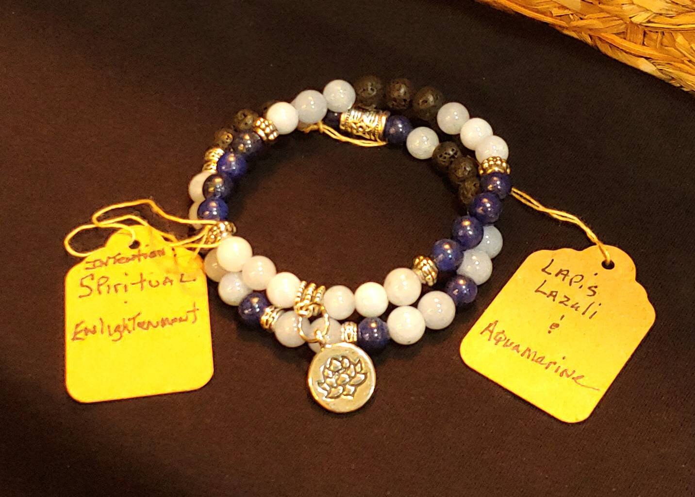 GEMSTONE SPIRITUAL ENLIGHTENMENT genuine healing Gemstone bracelet SET  of Lapis Lazuli & Aquamarine, 8mm, gold spacers/Lotus charm-20 dollars each