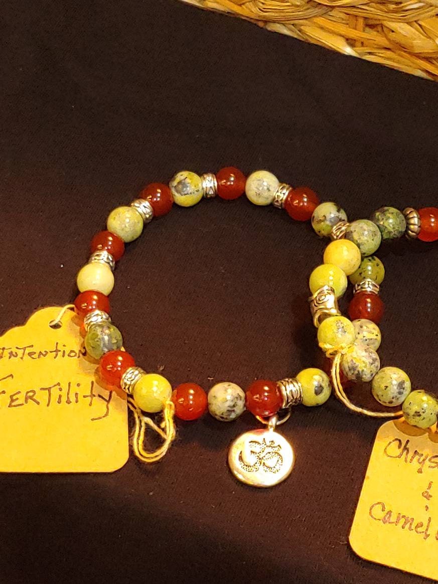 GEMSTONE FERTILITY Intention genuine healing Gemstone bracelet SET of Chrysoprase & Carnelian- 20 dollars each,gold spacers and OHM charm, 8mm beads