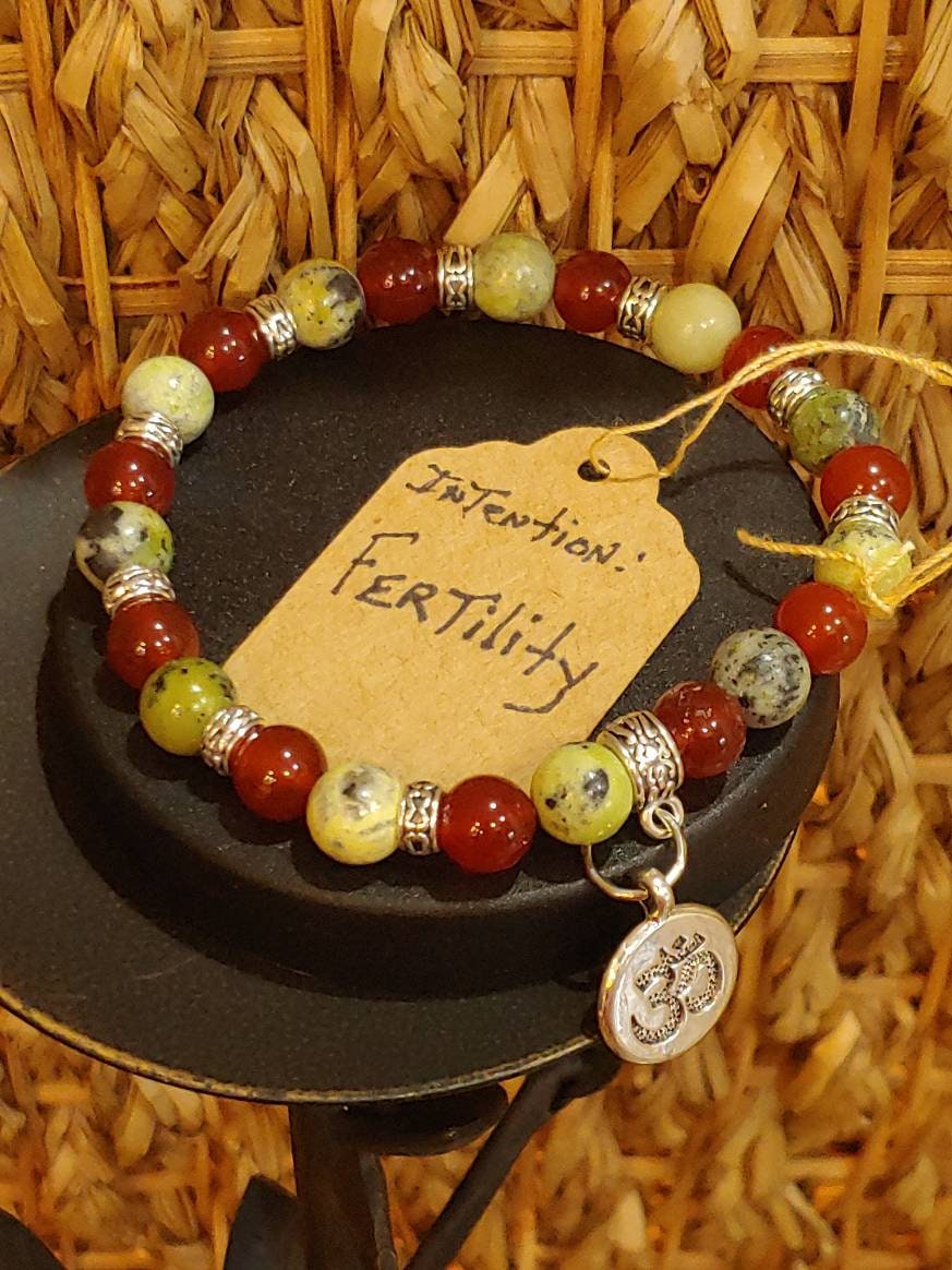 GEMSTONE FERTILITY Intention genuine healing Gemstone bracelet SET of Chrysoprase & Carnelian- 20 dollars each,gold spacers and OHM charm, 8mm beads