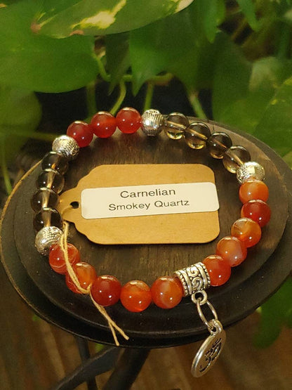 GEMSTONE HEALTH Intention Genuine Crystal healing Gemstone bracelet of Carnelian & Smokey Quartz, 8mm beads, silver spacers and silver new moon charm