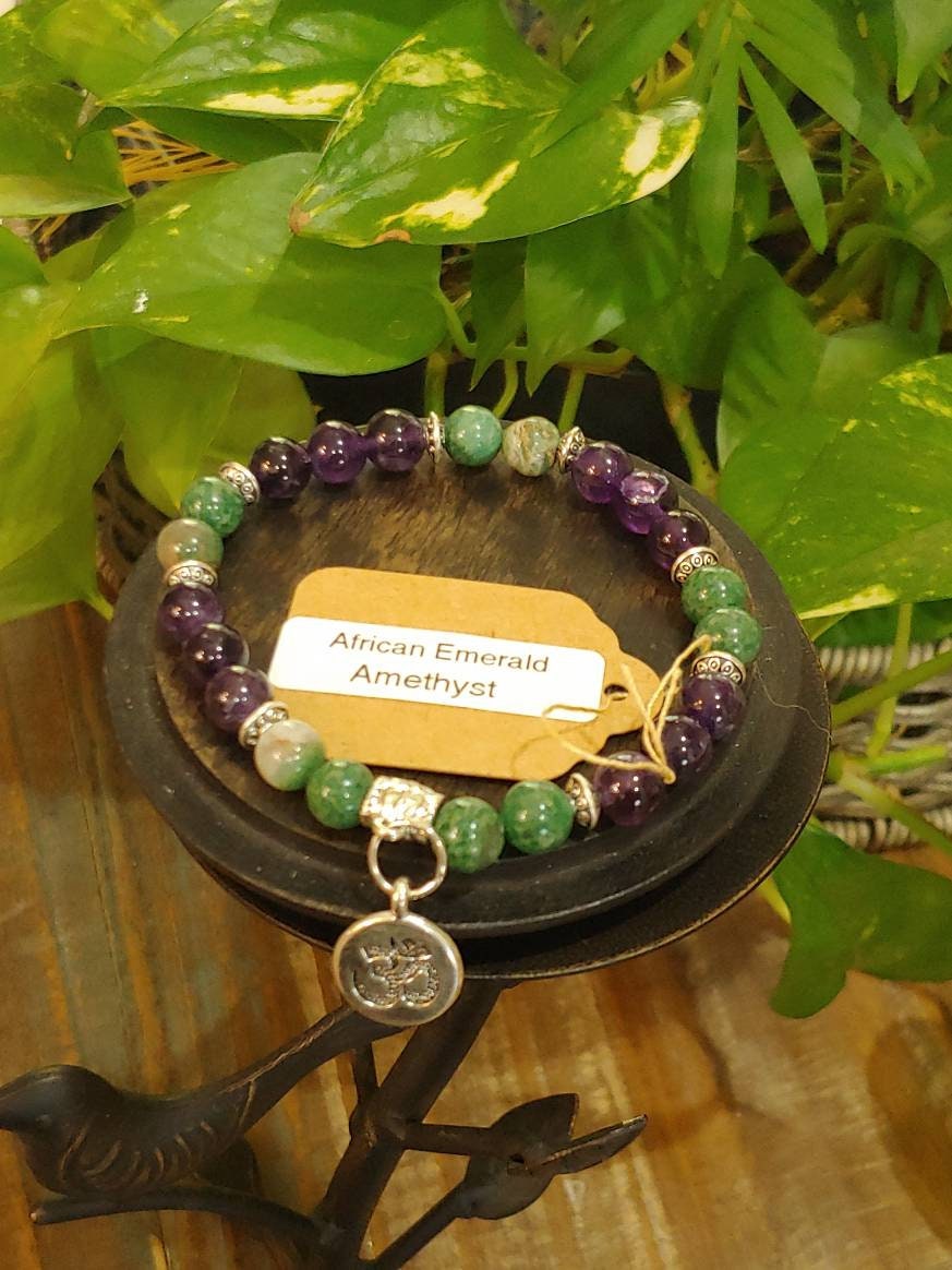 GEMSTONE PROSPERITY Intention Genuine Crystal healing bracelet of  African Emerald & Amethyst - 8mm beads- silver charm and spacers