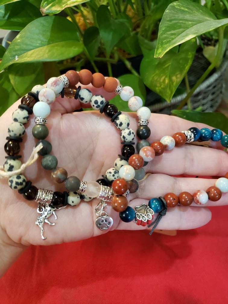 DOGS RULE! PET ANIMAL COMMUNICATION genuine Gemstone Crystals, 8mm stone bracelets, Collar charms,palm crystals-help them feel loved & protected!