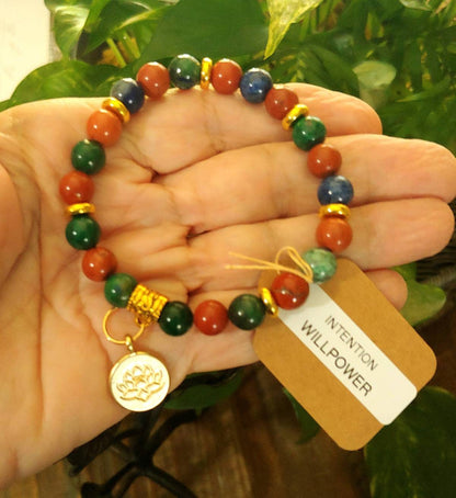 GEMSTONE WILLPOWER Intention genuine healing bracelet of Chrysocolla & Red Jasper, 8mm beads, gold spacers, Lotus flower charm