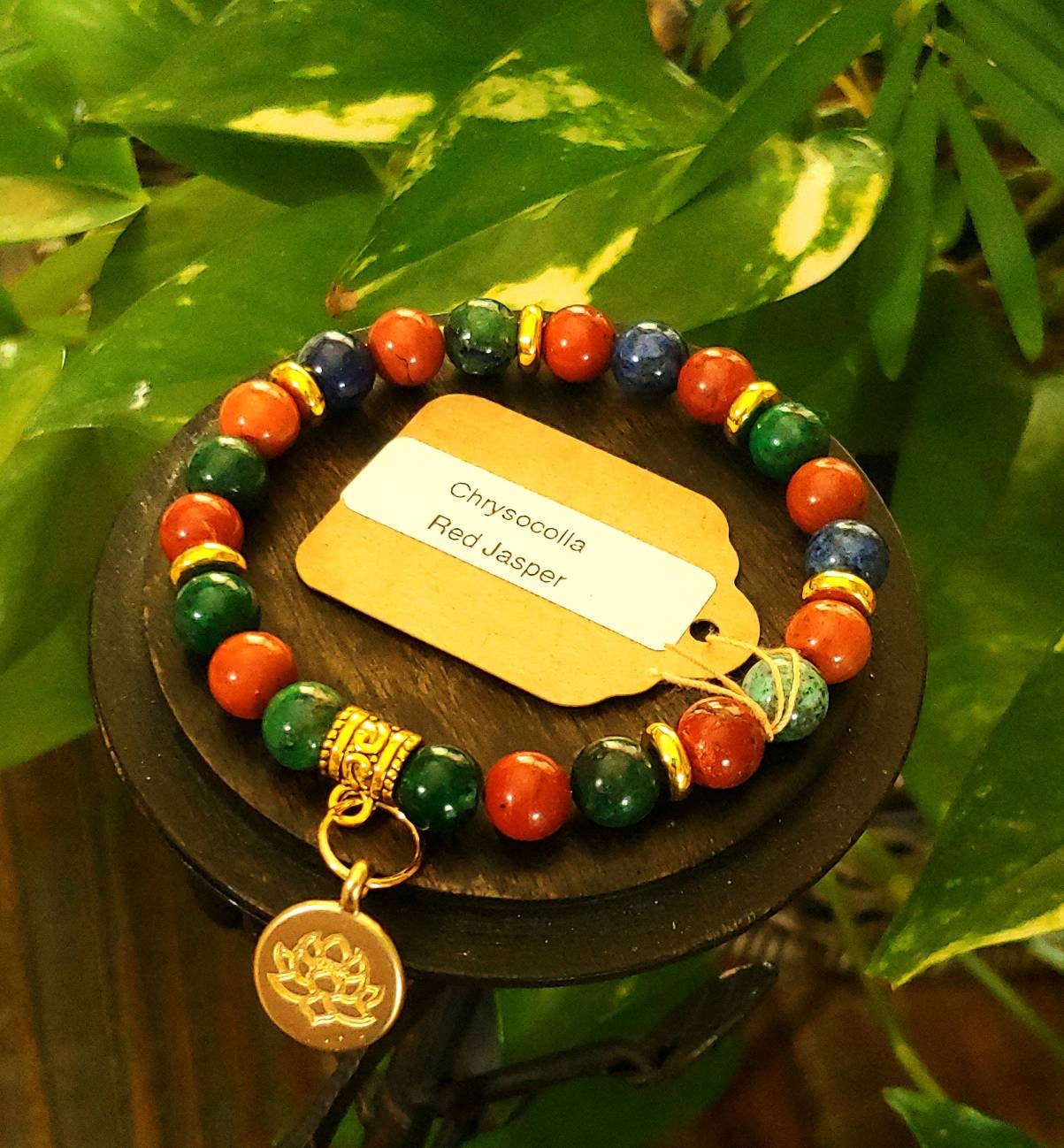 GEMSTONE WILLPOWER Intention genuine healing bracelet of Chrysocolla & Red Jasper, 8mm beads, gold spacers, Lotus flower charm