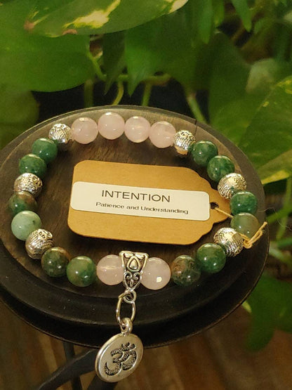 GEMSTONE PATIENCE/UNDERSTANDING Intention genuine healing  bracelet SET of African Emerald & Rose Quartz, 8mm neads, silver spacers,Ohm charm