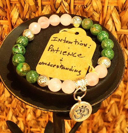 GEMSTONE PATIENCE/UNDERSTANDING Intention genuine healing  bracelet SET of African Emerald & Rose Quartz, 8mm neads, silver spacers,Ohm charm